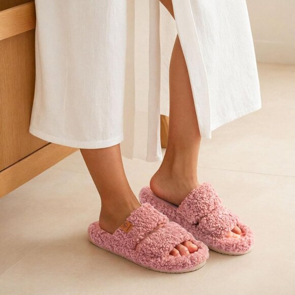 Women's Dusty-Rose Fuzzy Open-toe Slippers Soft Comfy Foam Indoor House Shoes - Picture 5 of 11